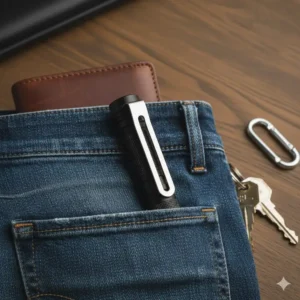 Close-up of a black mini flashlight with clip securely fastened to the edge of a pocket.