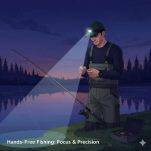 A fisherman using a clip on cap light to tie a fishing lure during late evening hours.