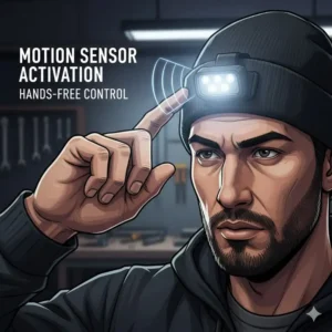 An illustration showing a hand gesture activating a motion sensor hat light on a black beanie.