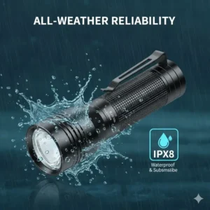A waterproof and rugged small flashlight with clip being tested under water spray.