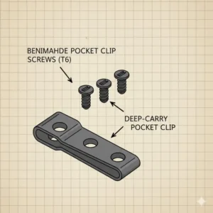 Close up of three short flat head benchmade screws used for securing a pocket clip.