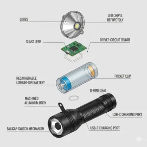 A labeled diagram showing the LED chip, reflector, and battery compartment of a pocket flashlight.