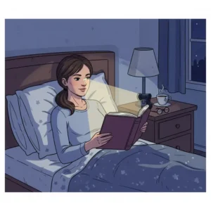 A lightweight clip on flashlight fixed to the cover of a hardcover book for bedside reading.