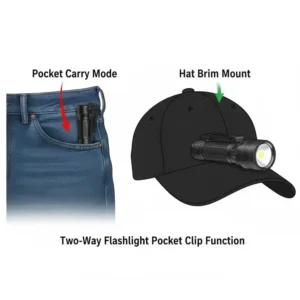 Illustration of a two-way flashlight pocket clip used for both pocket carry and mounting to a baseball cap brim.