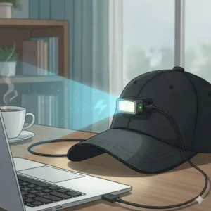 Illustration showing a rechargeable clip on hat light plugged into a laptop USB port for easy charging