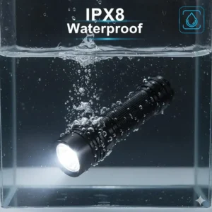 A durable small high powered flashlight submerged in water to demonstrate IPX8 rating.