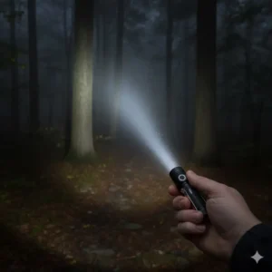 The powerful LED beam of a mini flashlight with clip illuminating a dark outdoor path.