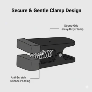 Close-up of the strong grip and padded clamp mechanism of a clip on led light.