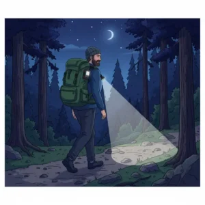 A durable, waterproof clip on flashlight attached to a backpack shoulder strap during a night hike.