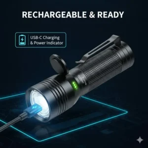 A USB-C rechargeable small flashlight with clip showing the charging port and battery status.