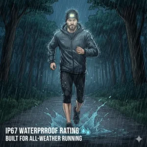 A durable waterproof hat light functioning perfectly under heavy rain while running.
