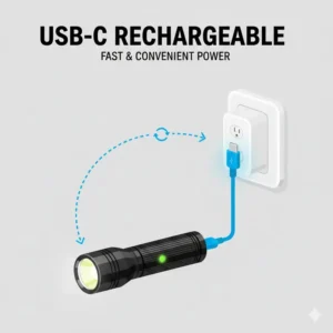 An illustration of a rechargeable pocket flashlight plugged into a USB-C cable for quick power.