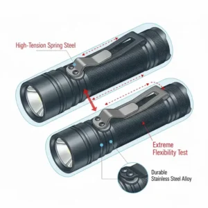 Illustration demonstrating the flexibility and spring retention of a high-tension stainless steel flashlight pocket clip.