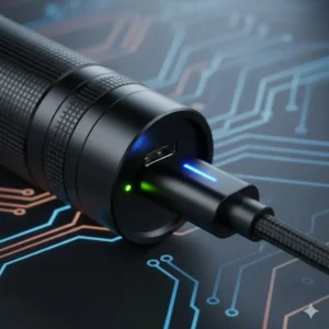 Close-up of a USB-C charging port on a sleek small high powered flashlight.