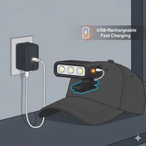 Close-up graphic of a USB cable charging a modern rechargeable clip on cap light.
