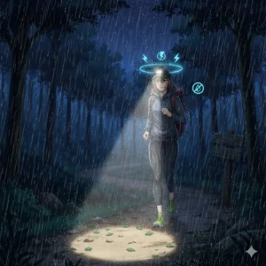 A waterproof clip on hat light being used in rainy conditions by an outdoor enthusiast during a hike.