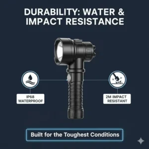 Illustration demonstrating the IP68 waterproof and shockproof durability of the longest range torch.