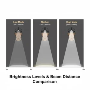 Comparison chart showing different brightness modes and beam distances of a clip on cap light.