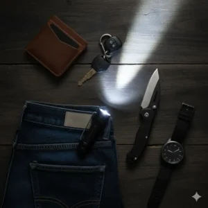 A small high powered flashlight clipped to a pocket as part of a daily carry gear set.