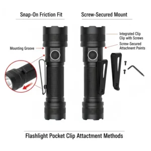 Graphic showing different attachment styles for a flashlight pocket clip including snap-on friction fit and screw-secured mounts.