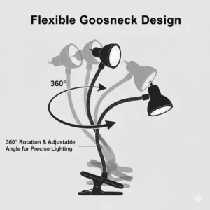 A clip on led light with a 360-degree flexible neck for precise lighting angles.