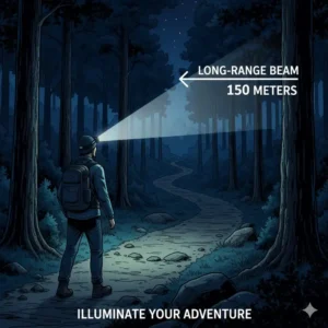 A diagram showing the powerful long-range beam of a hat light on a dark forest trail.