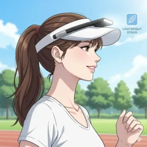 A side-profile illustration highlighting the slim and lightweight design of a clip on hat light attached to a white sports visor.