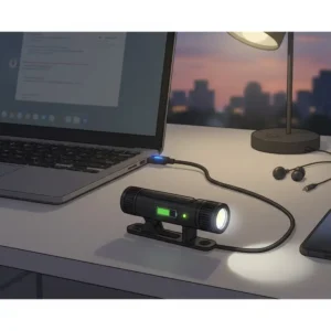 A diagram showing a rechargeable clip on flashlight plugged into a USB port with a battery indicator light.