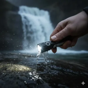 A durable and water-resistant mini flashlight with clip being tested under splashing water.
