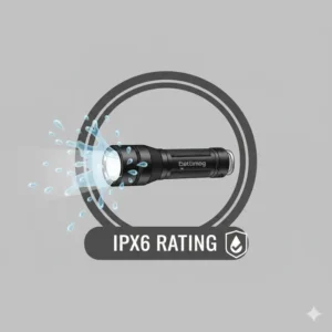 An icon-based illustration showing a pocket flashlight resisting water splashes with an IPX6 rating.