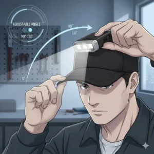 Illustration showing the 90-degree adjustable tilt feature of a clip on hat light for precise beam positioning.