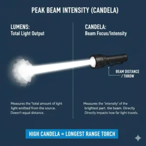 Informational graphic explaining how high candela ratings create the longest range torch.
