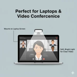 Small clip on led light mounted on a laptop screen for video conferencing.