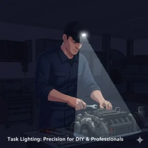 A professional mechanic using a clip on cap light to provide focused task lighting under a car hood.