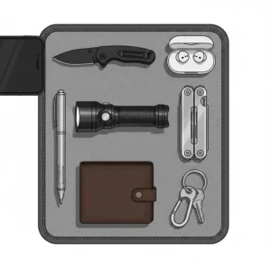 A flat-lay illustration of everyday carry essentials including a pocket flashlight, multi-tool, and keychain.
