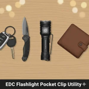 Illustration of a compact flashlight with a flashlight pocket clip organized alongside a pocket knife and keys in an EDC setup.