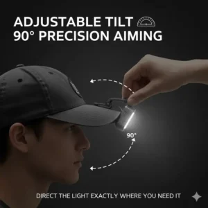 A side view of an adjustable angle hat light with a 90-degree tilt head for precise aiming.