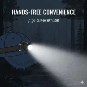 Demonstration of a small flashlight with clip attached to the brim of a hat for hands-free lighting.