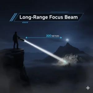 Illustration of a small high powered flashlight throwing a concentrated beam over 300 meters.