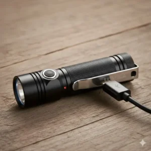 Charging a mini flashlight with clip via a USB-C cable to show its rechargeable feature.