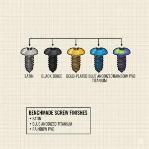 A variety of benchmade screws in satin, black oxide, and gold plated finishes.