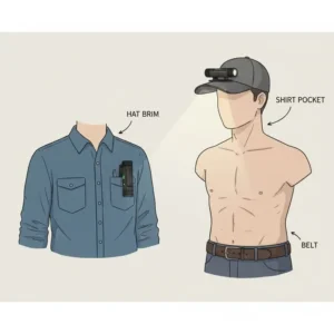 An illustration showing how a clip on flashlight can attach to a shirt pocket, a belt, and a hat brim.