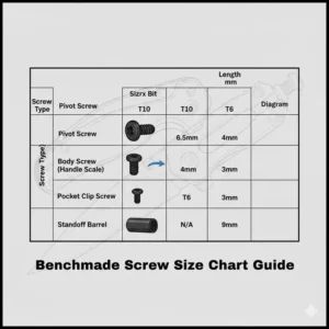 A technical size chart and guide for different benchmade replacement screws.