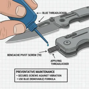 A small drop of blue threadlocker being applied to benchmade screws to prevent loosening.
