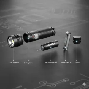 An exploded view diagram showing the internal parts and the sturdy mini flashlight with clip mechanism.