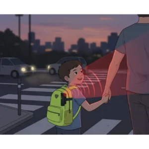 A clip on flashlight with a red strobe mode attached to a child's backpack for increased visibility at night.