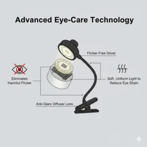 Advanced eye-care technology illustration of a flicker-free clip on led light.