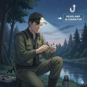 An angler using a clip on hat light to tie a fishing lure at dusk as a perfect headlamp alternative.