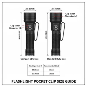 Measurement guide for choosing a flashlight pocket clip based on the flashlight body diameter.
