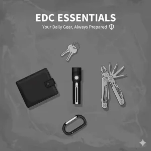 An Everyday Carry layout including a multi-tool and a small flashlight with clip.